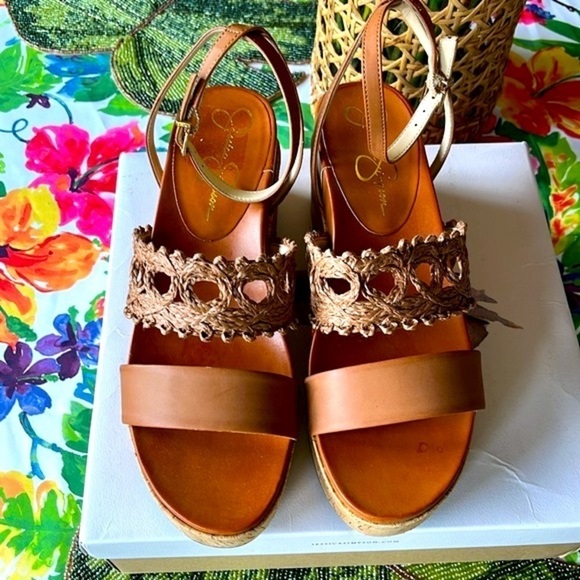 Brand New Jessica Simpson Callri Wedge Sandals Woven Raffia Cork Platform Ankle - Picture 4 of 16